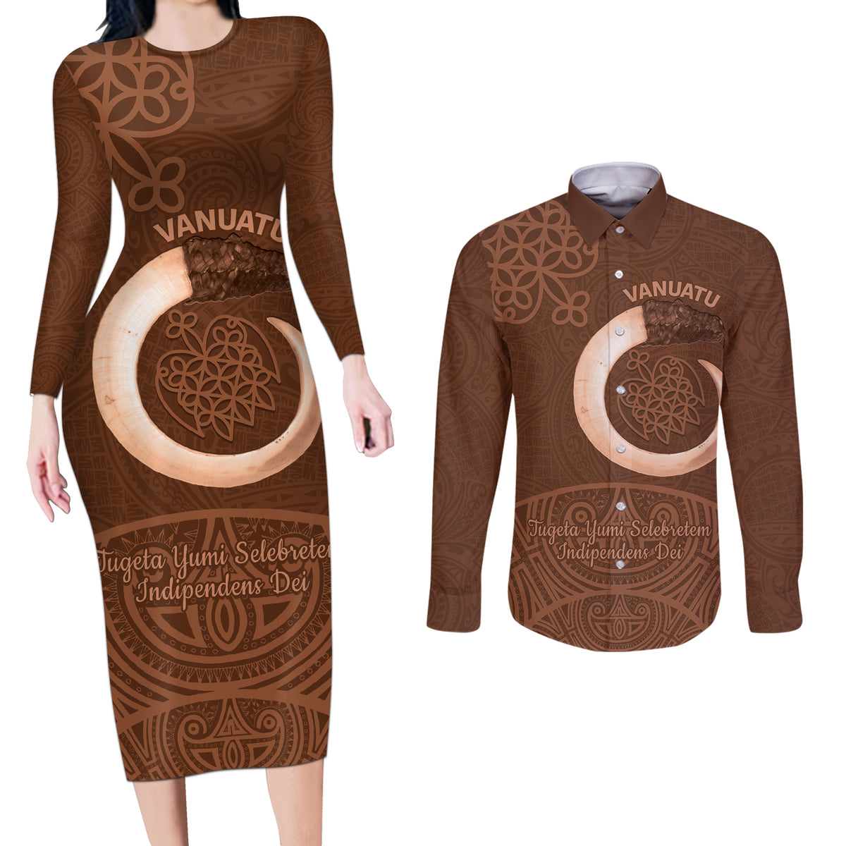 Vanuatu Indipendens Dei Couples Matching Long Sleeve Bodycon Dress and Long Sleeve Button Shirt Yumi Sand Drawing Turtle Mix Lapita LT14 Brown - Polynesian Pride