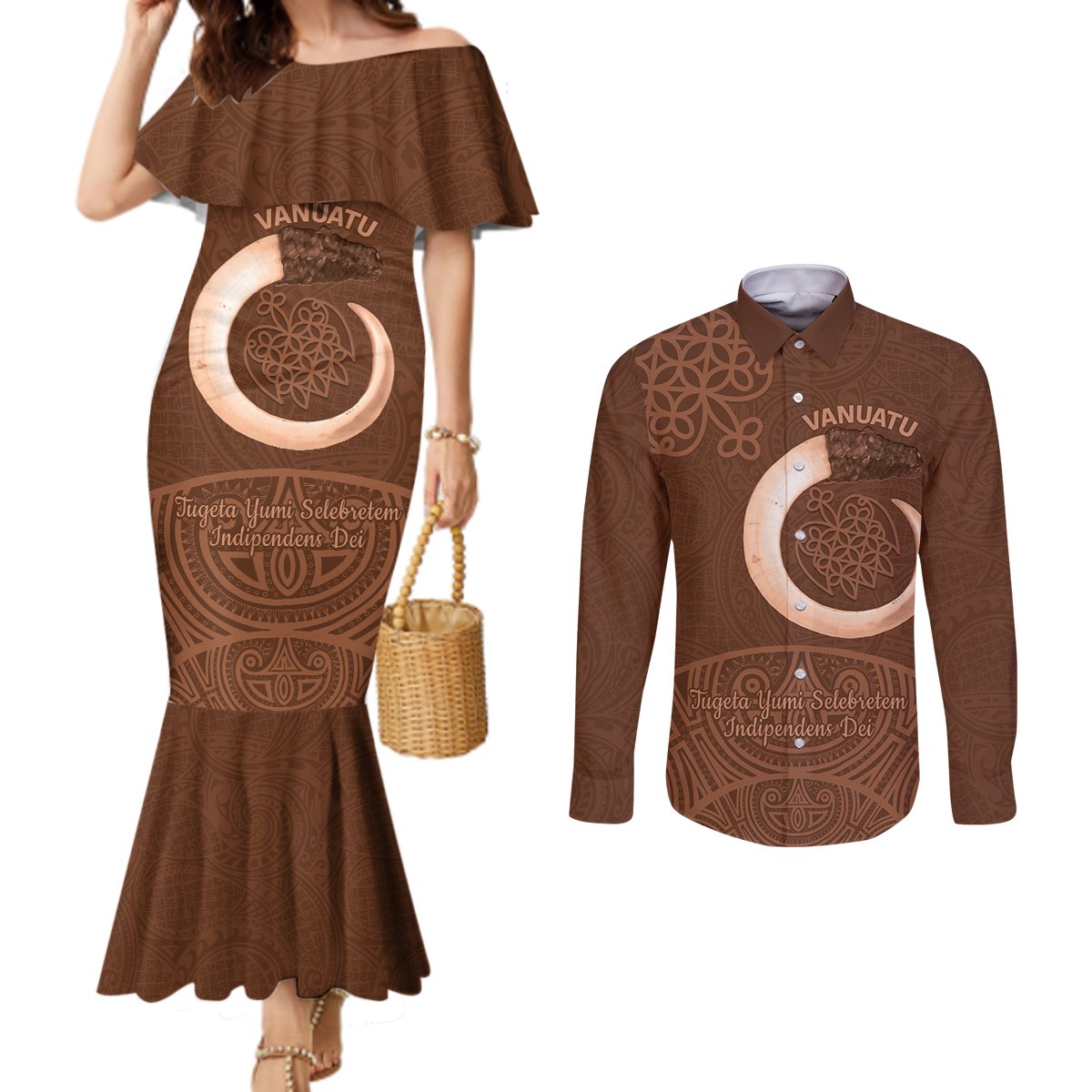 Vanuatu Indipendens Dei Couples Matching Mermaid Dress and Long Sleeve Button Shirt Yumi Sand Drawing Turtle Mix Lapita LT14 Brown - Polynesian Pride
