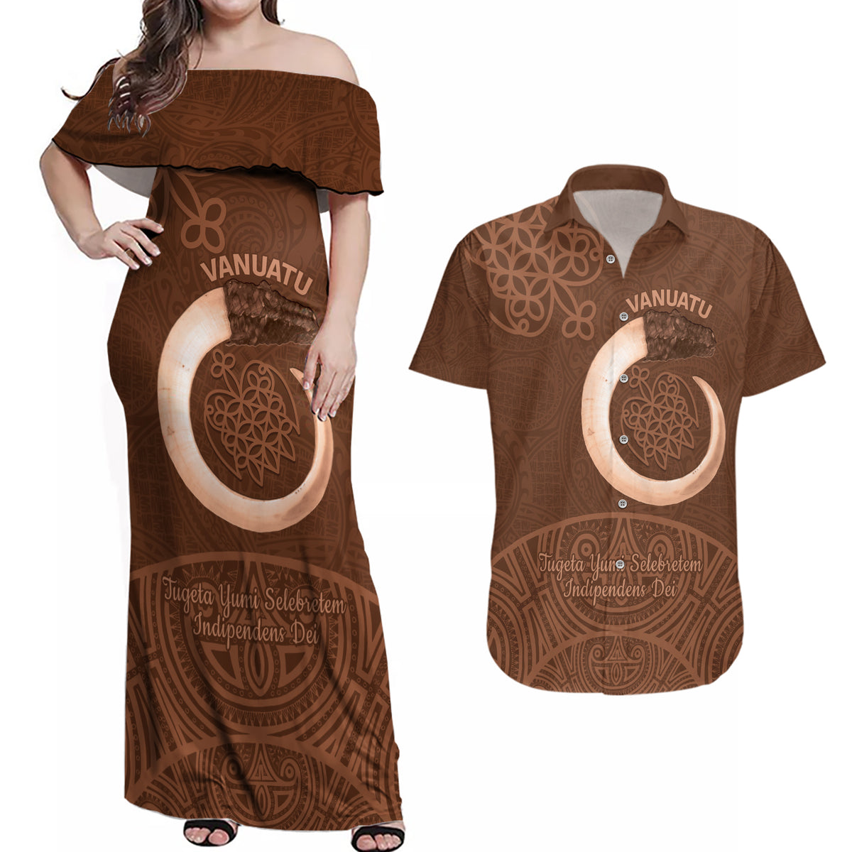 Vanuatu Indipendens Dei Couples Matching Off Shoulder Maxi Dress and Hawaiian Shirt Yumi Sand Drawing Turtle Mix Lapita LT14 Brown - Polynesian Pride