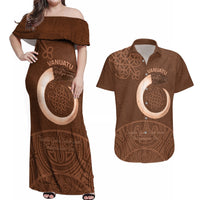 Vanuatu Indipendens Dei Couples Matching Off Shoulder Maxi Dress and Hawaiian Shirt Yumi Sand Drawing Turtle Mix Lapita LT14 Brown - Polynesian Pride