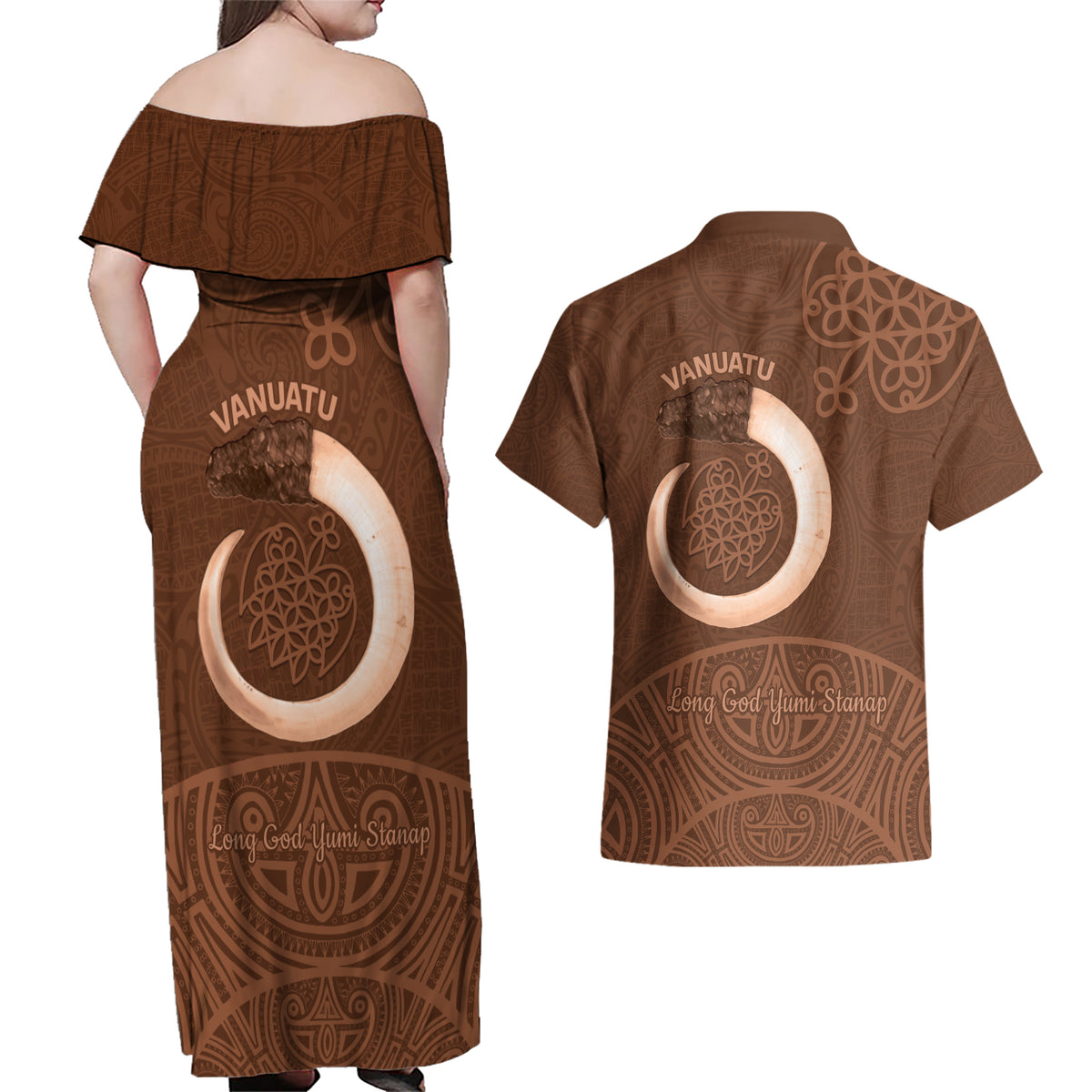 Vanuatu Indipendens Dei Couples Matching Off Shoulder Maxi Dress and Hawaiian Shirt Yumi Sand Drawing Turtle Mix Lapita LT14 - Polynesian Pride