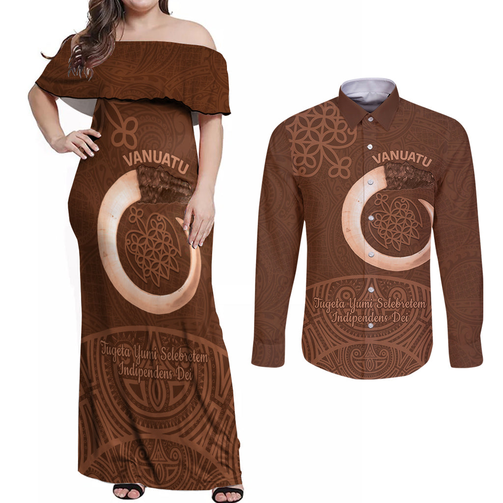 Vanuatu Indipendens Dei Couples Matching Off Shoulder Maxi Dress and Long Sleeve Button Shirt Yumi Sand Drawing Turtle Mix Lapita LT14 Brown - Polynesian Pride
