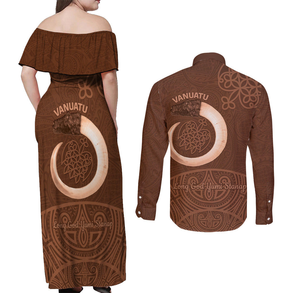 Vanuatu Indipendens Dei Couples Matching Off Shoulder Maxi Dress and Long Sleeve Button Shirt Yumi Sand Drawing Turtle Mix Lapita LT14 - Polynesian Pride