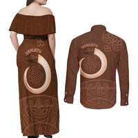 Vanuatu Indipendens Dei Couples Matching Off Shoulder Maxi Dress and Long Sleeve Button Shirt Yumi Sand Drawing Turtle Mix Lapita LT14 - Polynesian Pride