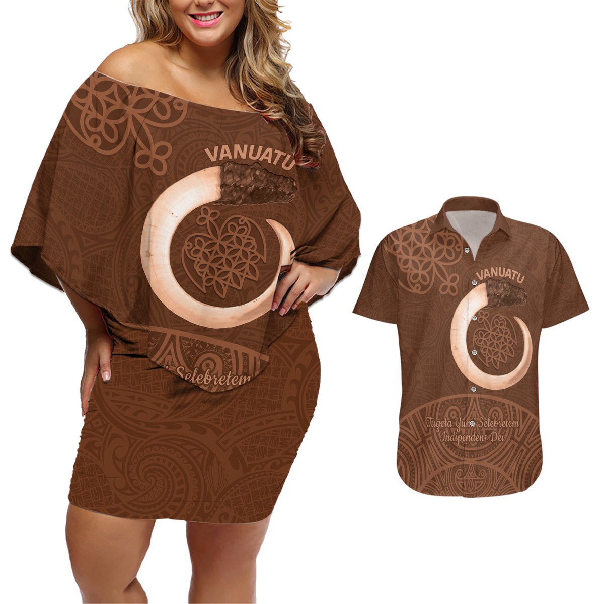 Vanuatu Indipendens Dei Couples Matching Off Shoulder Short Dress and Hawaiian Shirt Yumi Sand Drawing Turtle Mix Lapita LT14 Brown - Polynesian Pride