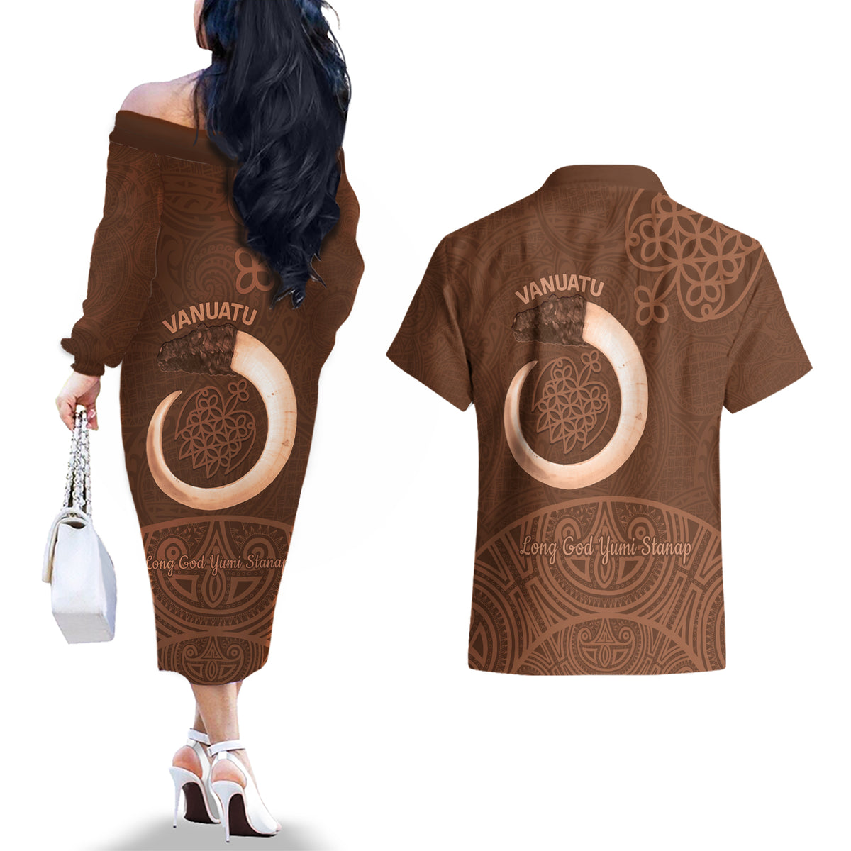 Vanuatu Indipendens Dei Couples Matching Off The Shoulder Long Sleeve Dress and Hawaiian Shirt Yumi Sand Drawing Turtle Mix Lapita LT14 - Polynesian Pride
