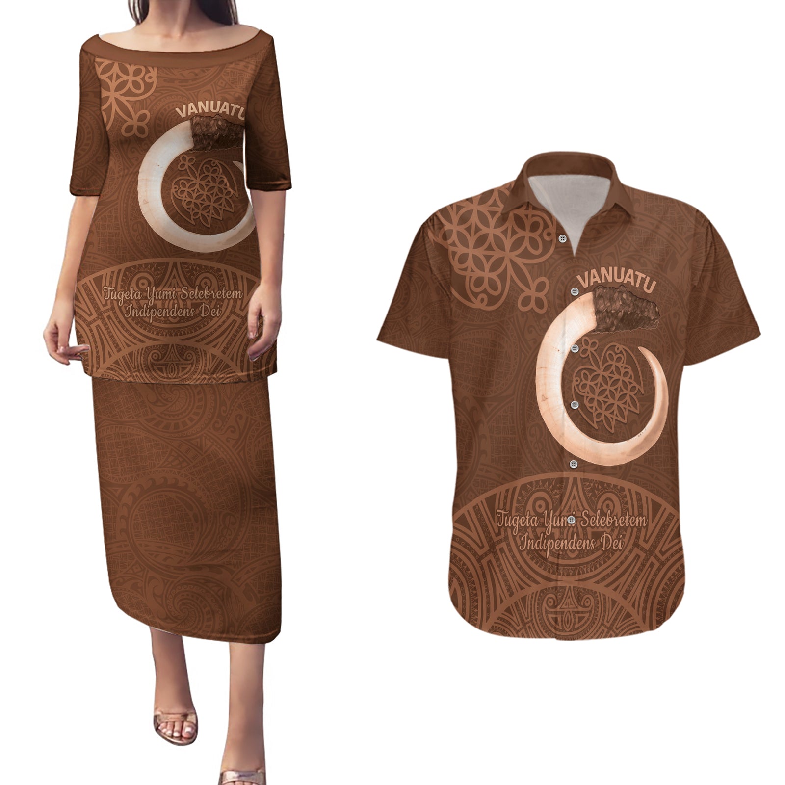 Vanuatu Indipendens Dei Couples Matching Puletasi and Hawaiian Shirt Yumi 44th Sand Drawing Turtle Mix Lapita