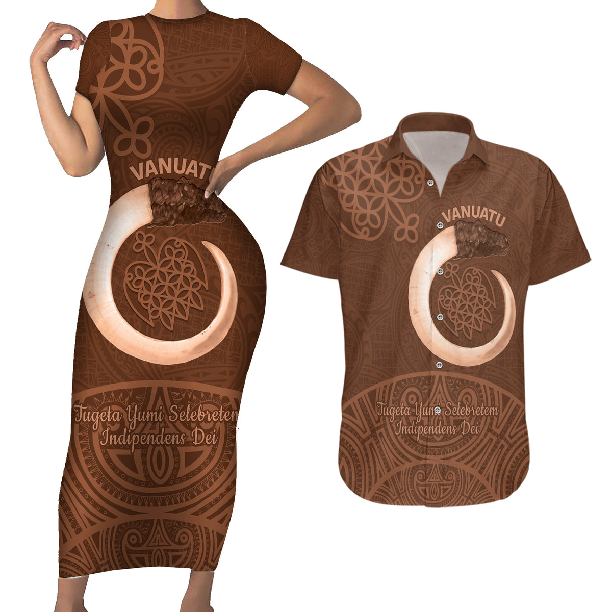 Vanuatu Indipendens Dei Couples Matching Short Sleeve Bodycon Dress and Hawaiian Shirt Yumi Sand Drawing Turtle Mix Lapita LT14 Brown - Polynesian Pride