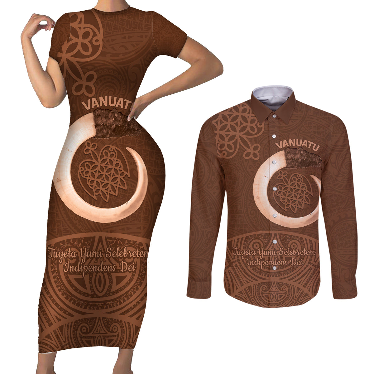 Vanuatu Indipendens Dei Couples Matching Short Sleeve Bodycon Dress and Long Sleeve Button Shirt Yumi Sand Drawing Turtle Mix Lapita LT14 Brown - Polynesian Pride