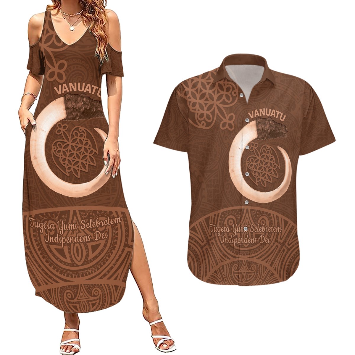 Vanuatu Indipendens Dei Couples Matching Summer Maxi Dress and Hawaiian Shirt Yumi Sand Drawing Turtle Mix Lapita LT14 Brown - Polynesian Pride
