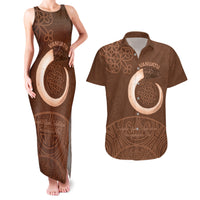 Vanuatu Indipendens Dei Couples Matching Tank Maxi Dress and Hawaiian Shirt Yumi Sand Drawing Turtle Mix Lapita LT14 Brown - Polynesian Pride