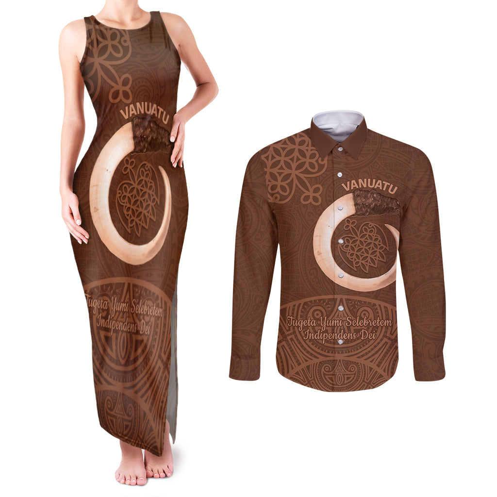 Vanuatu Indipendens Dei Couples Matching Tank Maxi Dress and Long Sleeve Button Shirt Yumi Sand Drawing Turtle Mix Lapita LT14 Brown - Polynesian Pride