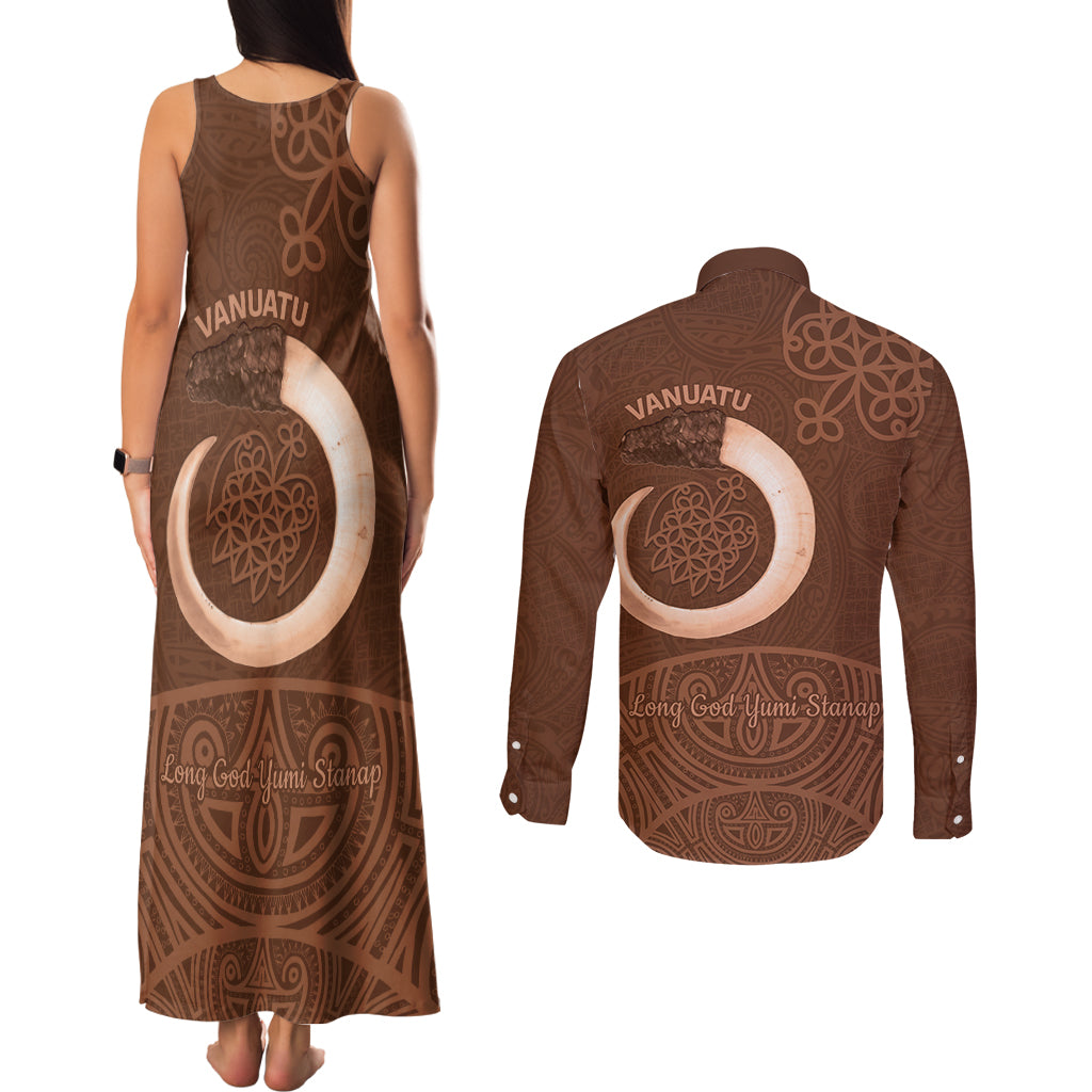 Vanuatu Indipendens Dei Couples Matching Tank Maxi Dress and Long Sleeve Button Shirt Yumi Sand Drawing Turtle Mix Lapita LT14 - Polynesian Pride
