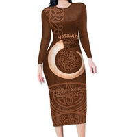 Vanuatu Indipendens Dei Family Matching Long Sleeve Bodycon Dress and Hawaiian Shirt Yumi Sand Drawing Turtle Mix Lapita LT14 Mom's Dress Brown - Polynesian Pride