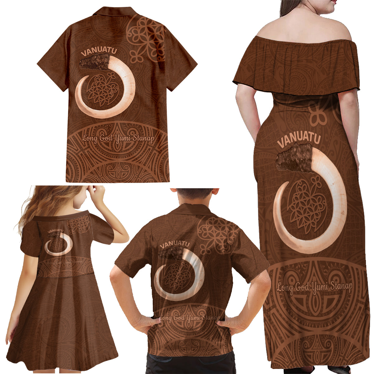 Vanuatu Indipendens Dei Family Matching Off Shoulder Maxi Dress and Hawaiian Shirt Yumi Sand Drawing Turtle Mix Lapita LT14 - Polynesian Pride