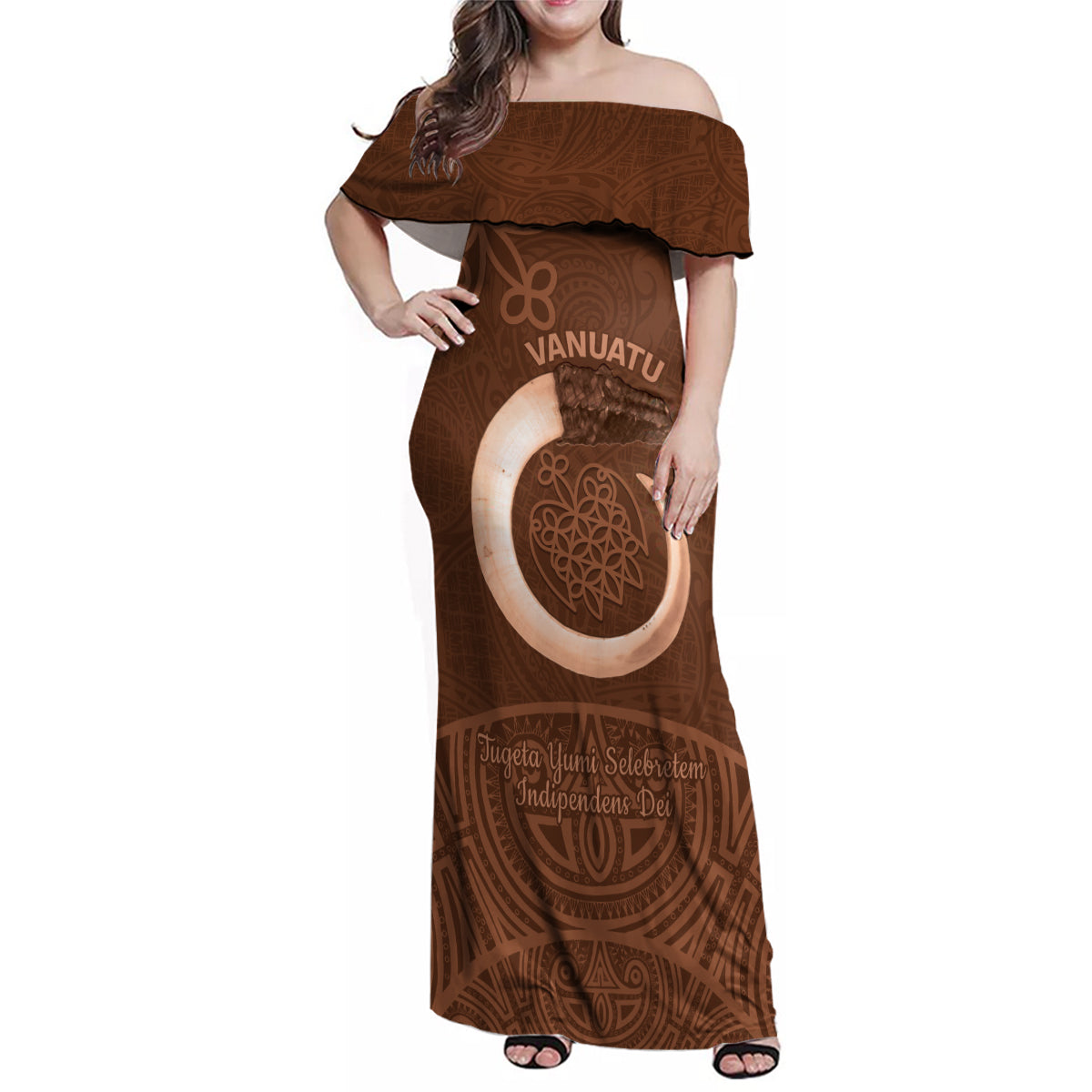 Vanuatu Indipendens Dei Family Matching Off Shoulder Maxi Dress and Hawaiian Shirt Yumi Sand Drawing Turtle Mix Lapita LT14 Mom's Dress Brown - Polynesian Pride