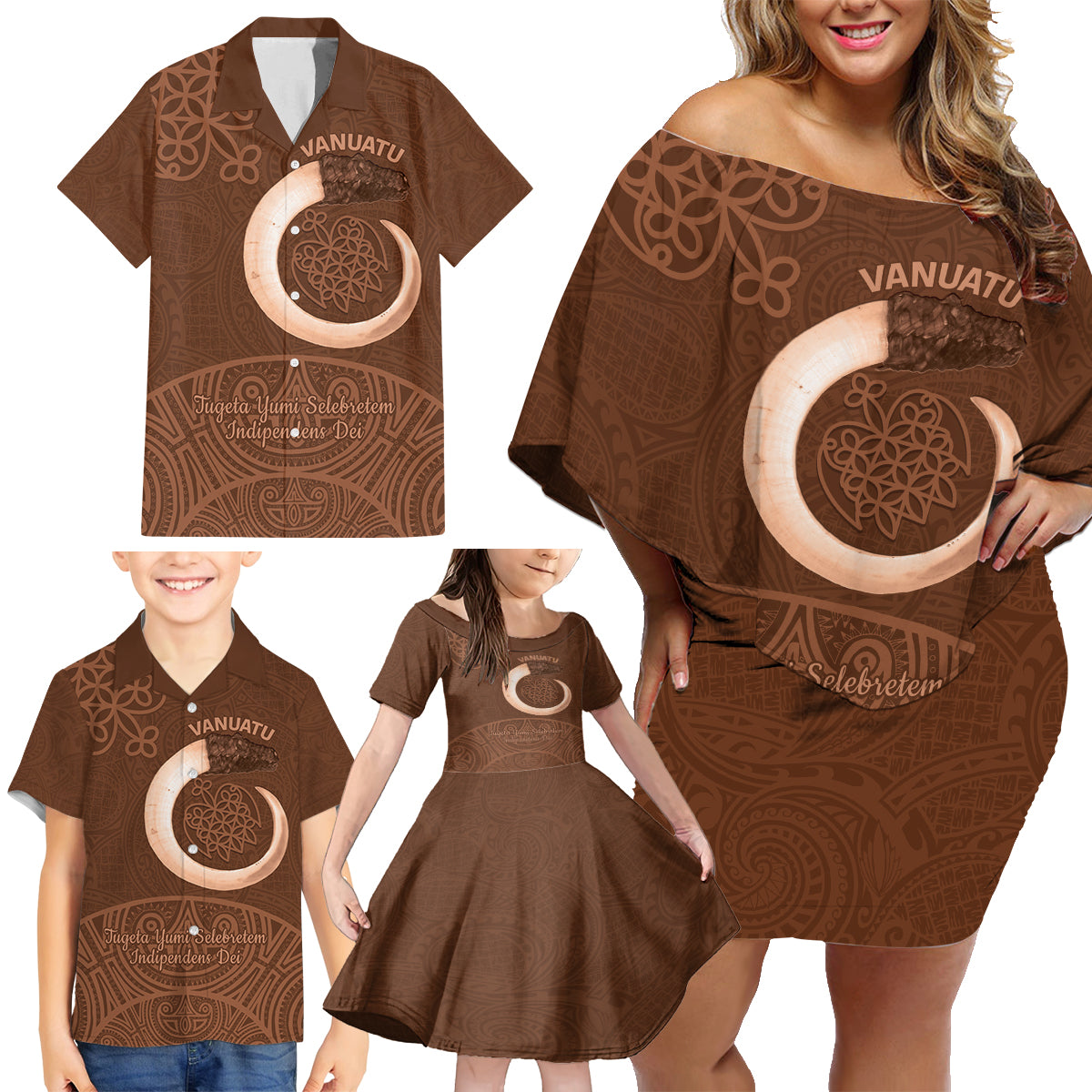 Vanuatu Indipendens Dei Family Matching Off Shoulder Short Dress and Hawaiian Shirt Yumi Sand Drawing Turtle Mix Lapita LT14 - Polynesian Pride