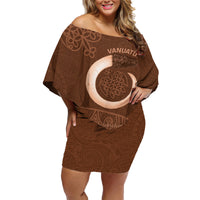 Vanuatu Indipendens Dei Family Matching Off Shoulder Short Dress and Hawaiian Shirt Yumi Sand Drawing Turtle Mix Lapita LT14 Mom's Dress Brown - Polynesian Pride