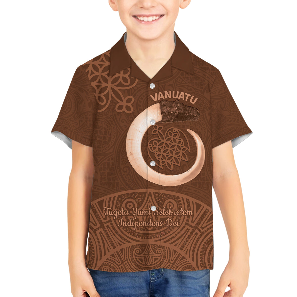 Vanuatu Indipendens Dei Family Matching Off Shoulder Short Dress and Hawaiian Shirt Yumi Sand Drawing Turtle Mix Lapita LT14 Son's Shirt Brown - Polynesian Pride