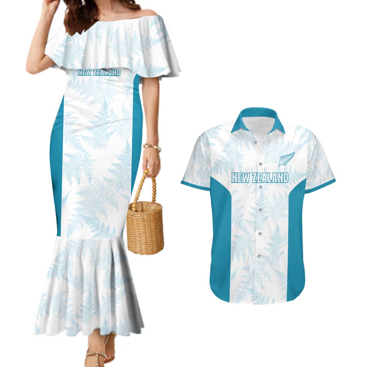 Custom New Zealand Silver Fern Football Couples Matching Mermaid Dress and Hawaiian Shirt Come On All White