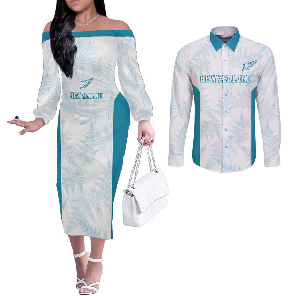 Custom New Zealand Silver Fern Football Couples Matching Off The Shoulder Long Sleeve Dress and Long Sleeve Button Shirt Come On All White