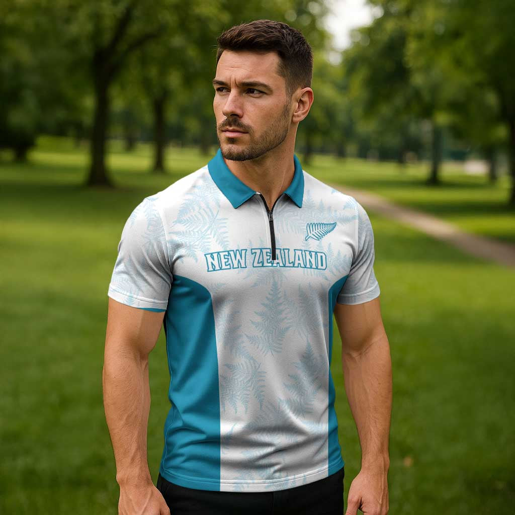 Custom New Zealand Silver Fern Football Zipper Polo Shirt Come On All White LT14 - Polynesian Pride