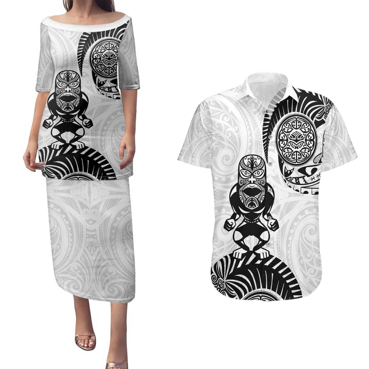 Custom Aotearoa Football Couples Matching Puletasi and Hawaiian Shirt NZ Maori Tiki Go Champions