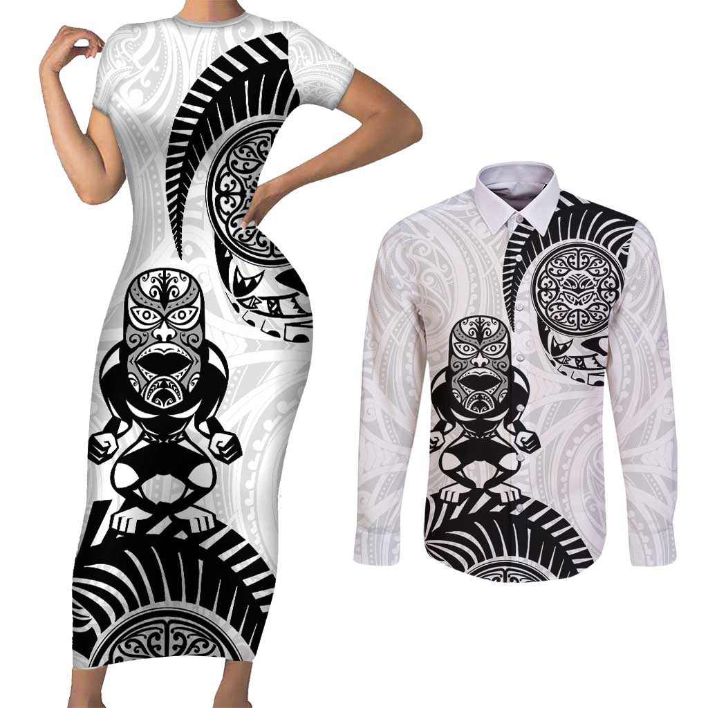 Custom Aotearoa Football Couples Matching Short Sleeve Bodycon Dress and Long Sleeve Button Shirt NZ Maori Tiki Go Champions
