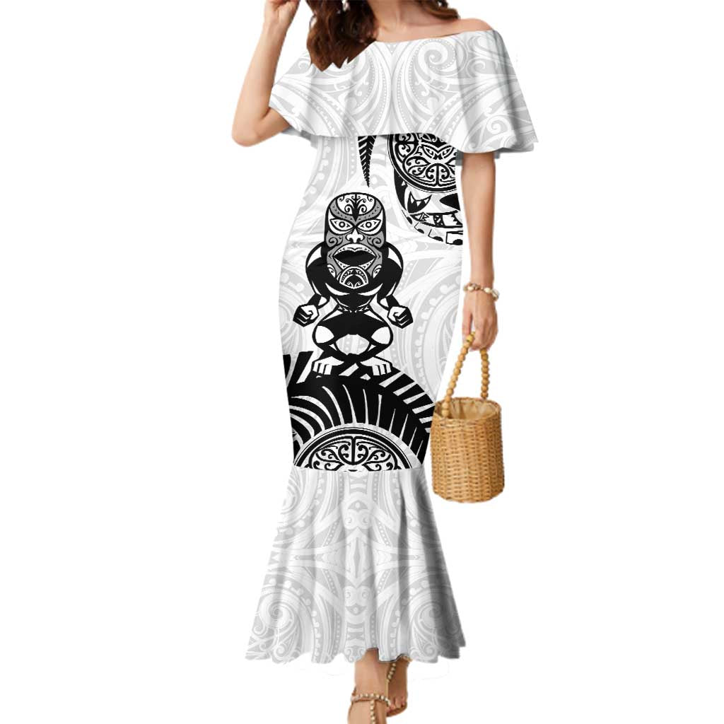 Custom Aotearoa Football Family Matching Mermaid Dress and Hawaiian Shirt NZ Maori Tiki Go Champions LT14 Mom's Dress White - Polynesian Pride