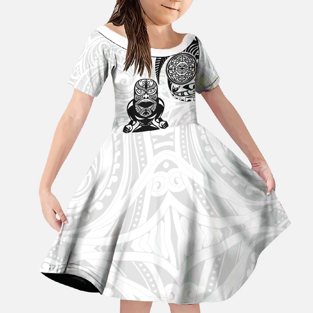 Custom Aotearoa Football Family Matching Off Shoulder Maxi Dress and Hawaiian Shirt NZ Maori Tiki Go Champions LT14 Daughter's Dress White - Polynesian Pride