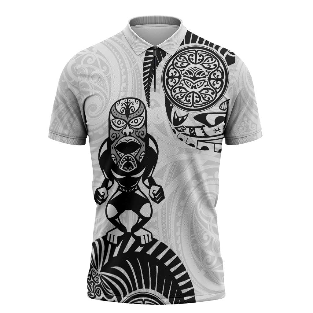 Custom Aotearoa Football Zipper Polo Shirt NZ Maori Tiki Go Champions LT14 White - Polynesian Pride