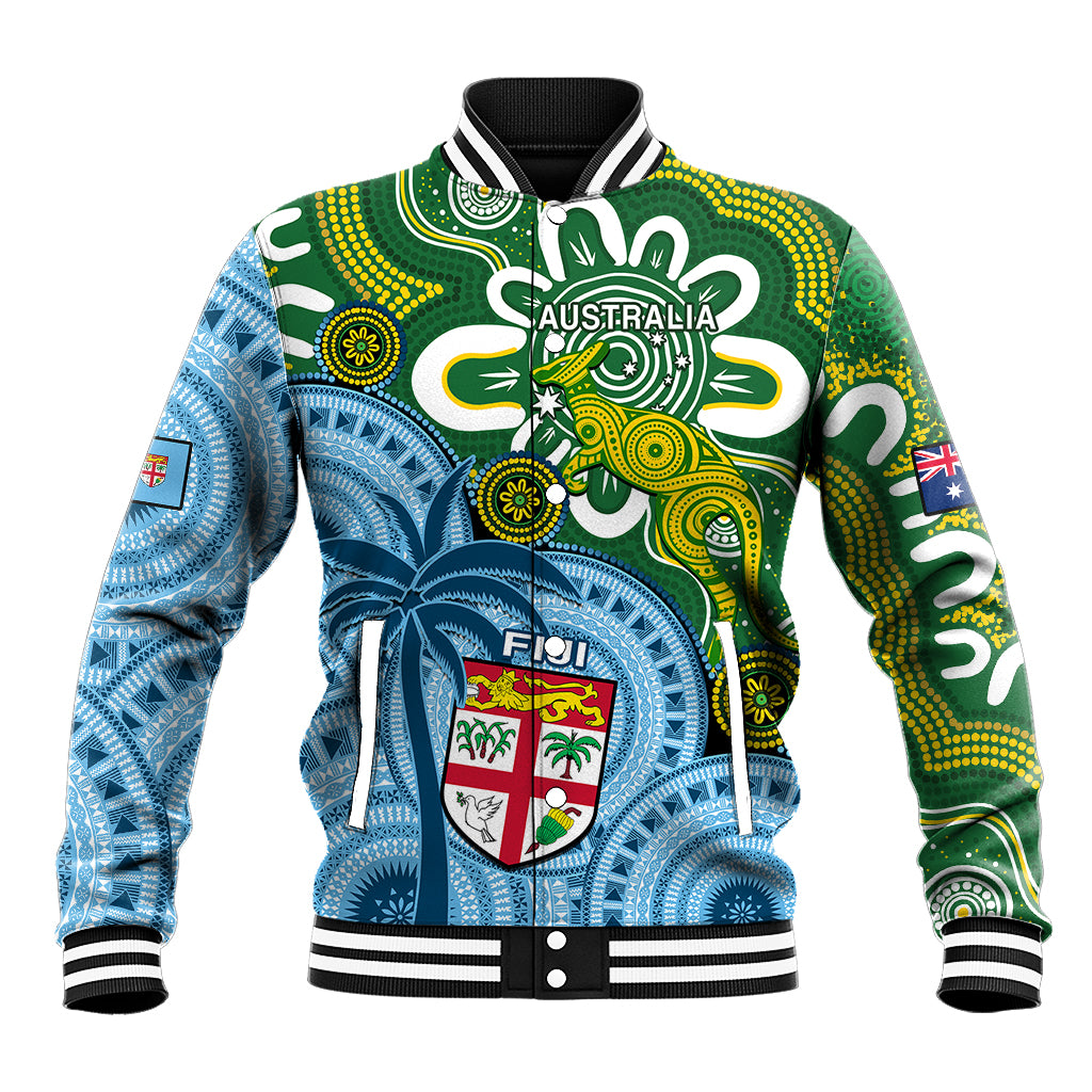 Australia And Fiji Baseball Jacket Aboriginal Mix Fijian Tapa Unique Style LT14 Unisex Green - Polynesian Pride