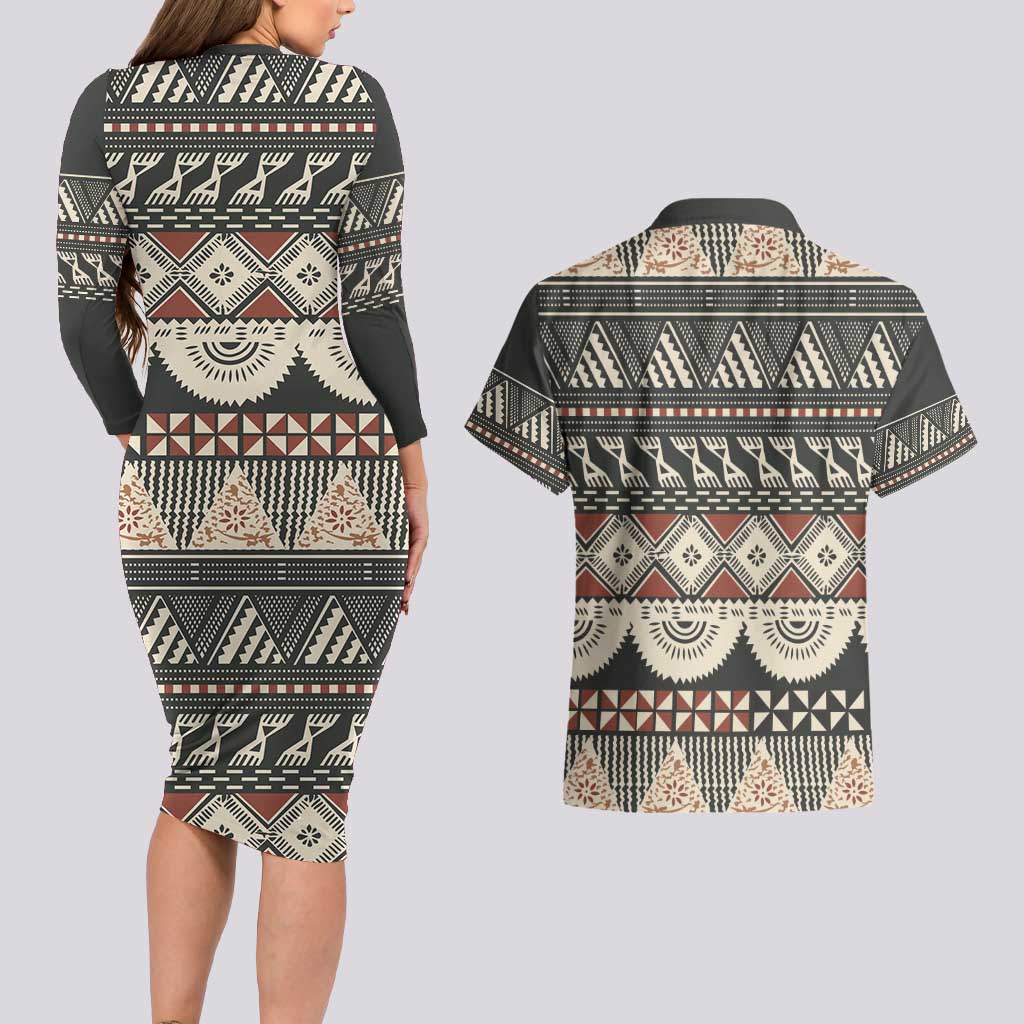 Vintage Bula Fiji Masi Couples Matching Long Sleeve Bodycon Dress and Hawaiian Shirt Fijian Tapa Cloth LT14 - Polynesian Pride