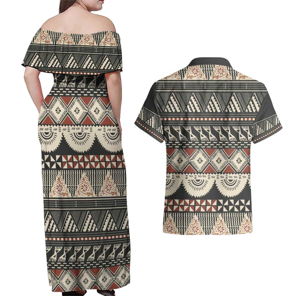 Vintage Bula Fiji Masi Couples Matching Off Shoulder Maxi Dress and Hawaiian Shirt Fijian Tapa Cloth LT14 - Polynesian Pride