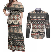 Vintage Bula Fiji Masi Couples Matching Off Shoulder Maxi Dress and Long Sleeve Button Shirt Fijian Tapa Cloth LT14 Charcoal - Polynesian Pride