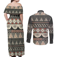 Vintage Bula Fiji Masi Couples Matching Off Shoulder Maxi Dress and Long Sleeve Button Shirt Fijian Tapa Cloth LT14 - Polynesian Pride