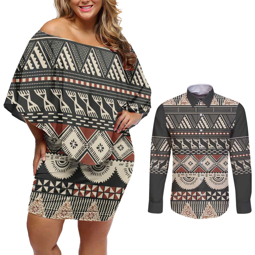 Vintage Bula Fiji Masi Couples Matching Off Shoulder Short Dress and Long Sleeve Button Shirt Fijian Tapa Cloth LT14 Charcoal - Polynesian Pride