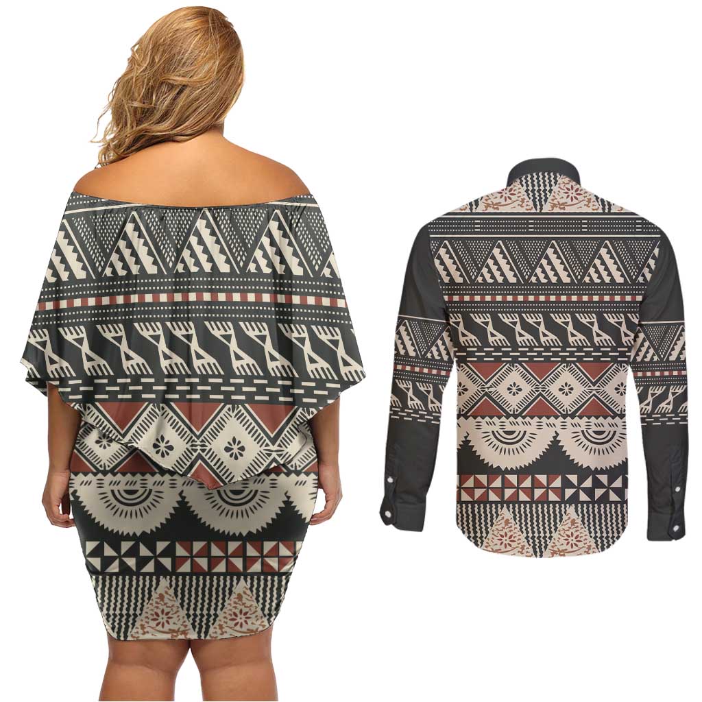 Vintage Bula Fiji Masi Couples Matching Off Shoulder Short Dress and Long Sleeve Button Shirt Fijian Tapa Cloth LT14 - Polynesian Pride