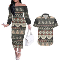 Vintage Bula Fiji Masi Couples Matching Off The Shoulder Long Sleeve Dress and Hawaiian Shirt Fijian Tapa Cloth LT14 Charcoal - Polynesian Pride