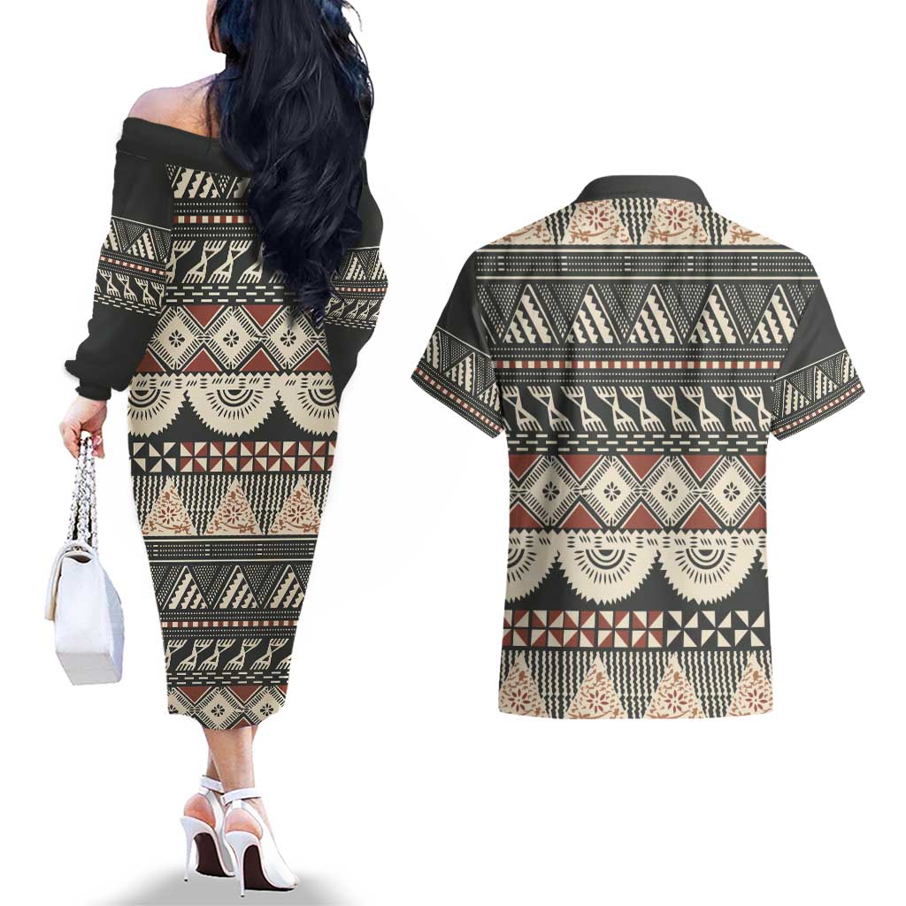 Vintage Bula Fiji Masi Couples Matching Off The Shoulder Long Sleeve Dress and Hawaiian Shirt Fijian Tapa Cloth LT14 - Polynesian Pride