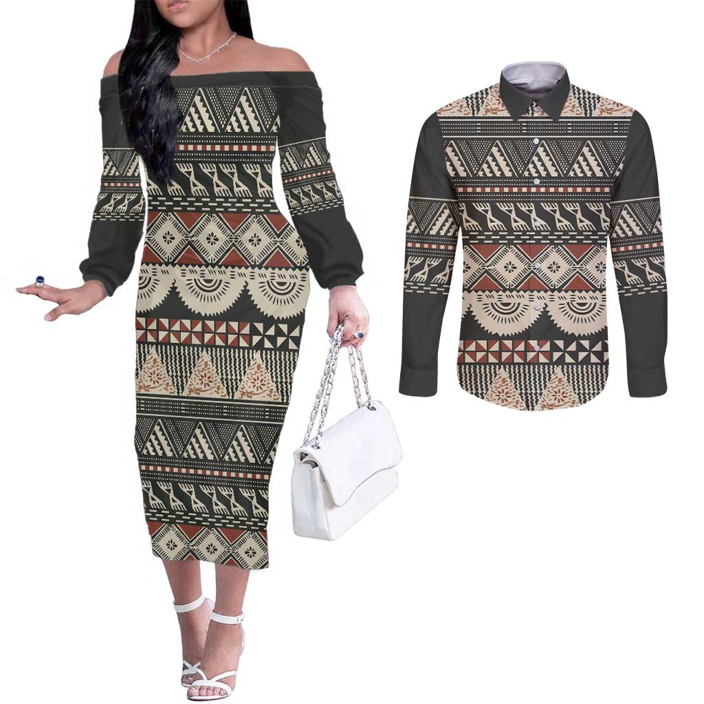 Vintage Bula Fiji Masi Couples Matching Off The Shoulder Long Sleeve Dress and Long Sleeve Button Shirt Fijian Tapa Cloth - Polynesian Pride