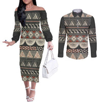 Vintage Bula Fiji Masi Couples Matching Off The Shoulder Long Sleeve Dress and Long Sleeve Button Shirt Fijian Tapa Cloth LT14 Charcoal - Polynesian Pride