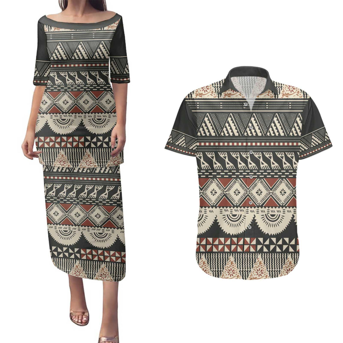 Vintage Bula Fiji Masi Couples Matching Puletasi and Hawaiian Shirt Fijian Tapa Cloth LT14 Charcoal - Polynesian Pride