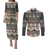 Vintage Bula Fiji Masi Couples Matching Puletasi and Long Sleeve Button Shirt Fijian Tapa Cloth LT14 Charcoal - Polynesian Pride