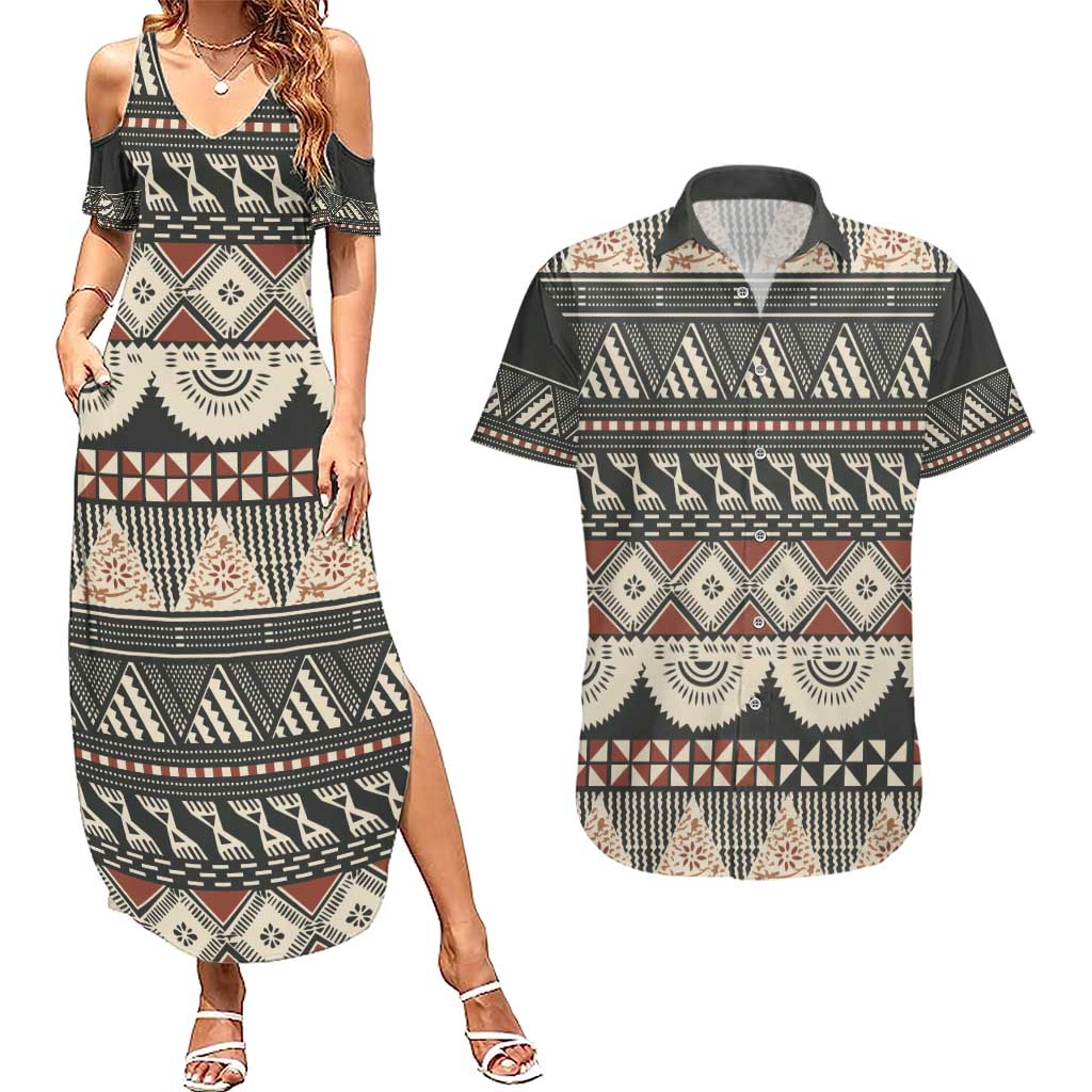Vintage Bula Fiji Masi Couples Matching Summer Maxi Dress and Hawaiian Shirt Fijian Tapa Cloth LT14 Charcoal - Polynesian Pride