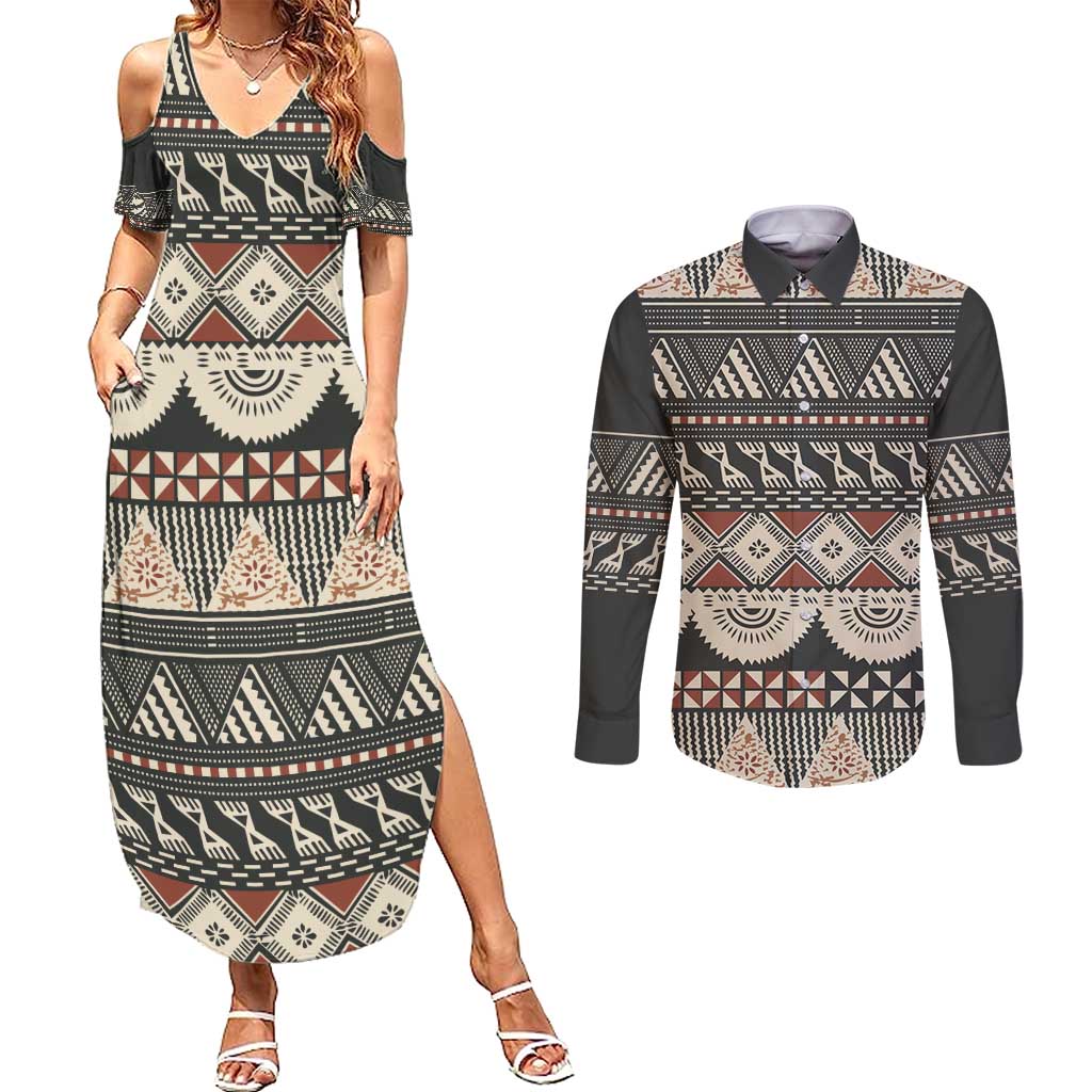 Vintage Bula Fiji Masi Couples Matching Summer Maxi Dress and Long Sleeve Button Shirt Fijian Tapa Cloth LT14 Charcoal - Polynesian Pride