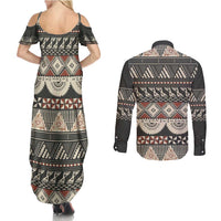 Vintage Bula Fiji Masi Couples Matching Summer Maxi Dress and Long Sleeve Button Shirt Fijian Tapa Cloth LT14 - Polynesian Pride