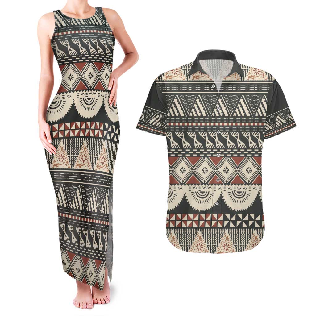 Vintage Bula Fiji Masi Couples Matching Tank Maxi Dress and Hawaiian Shirt Fijian Tapa Cloth - Polynesian Pride