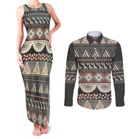 Vintage Bula Fiji Masi Couples Matching Tank Maxi Dress and Long Sleeve Button Shirt Fijian Tapa Cloth LT14 Charcoal - Polynesian Pride
