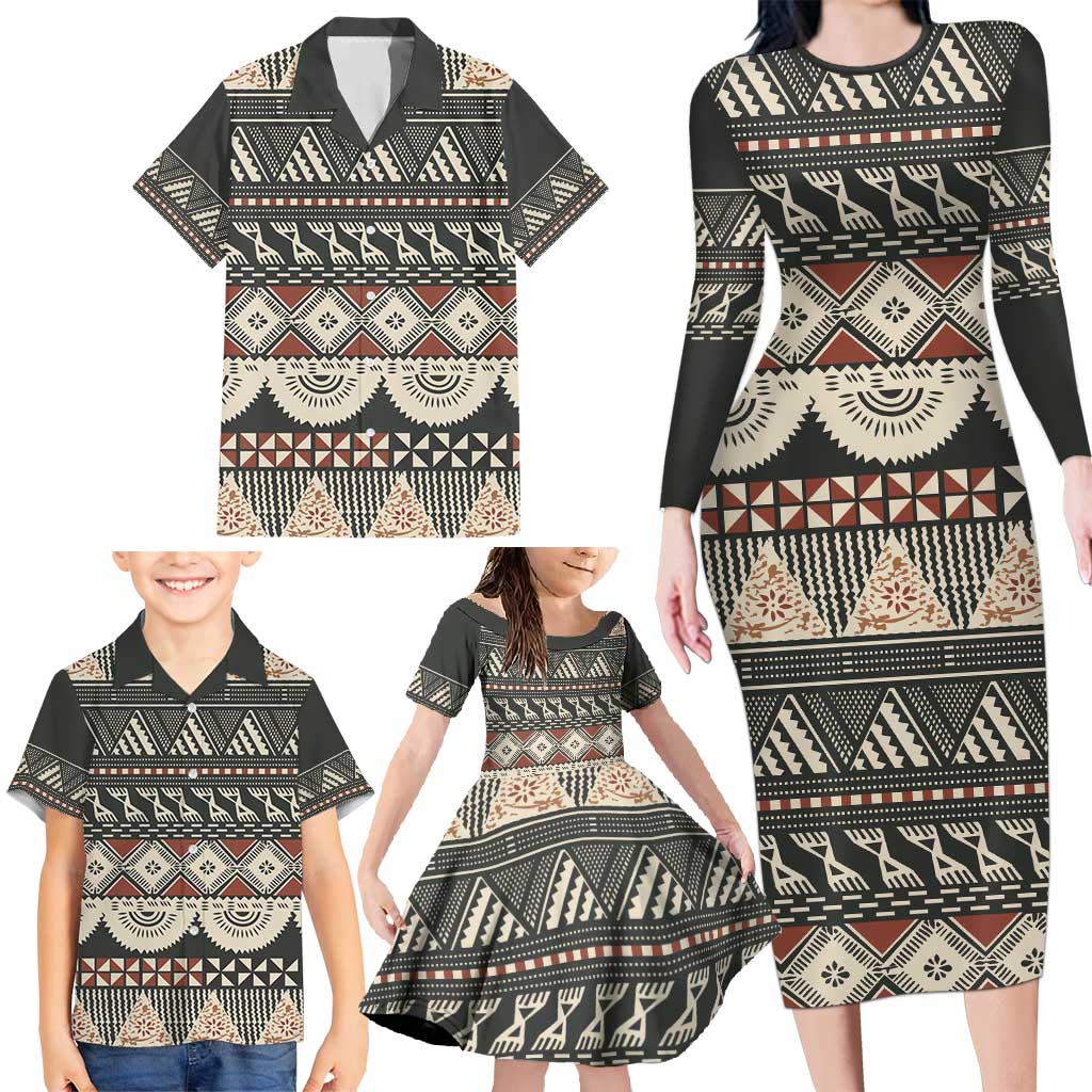 Vintage Bula Fiji Masi Family Matching Long Sleeve Bodycon Dress and Hawaiian Shirt Fijian Tapa Cloth LT14 - Polynesian Pride